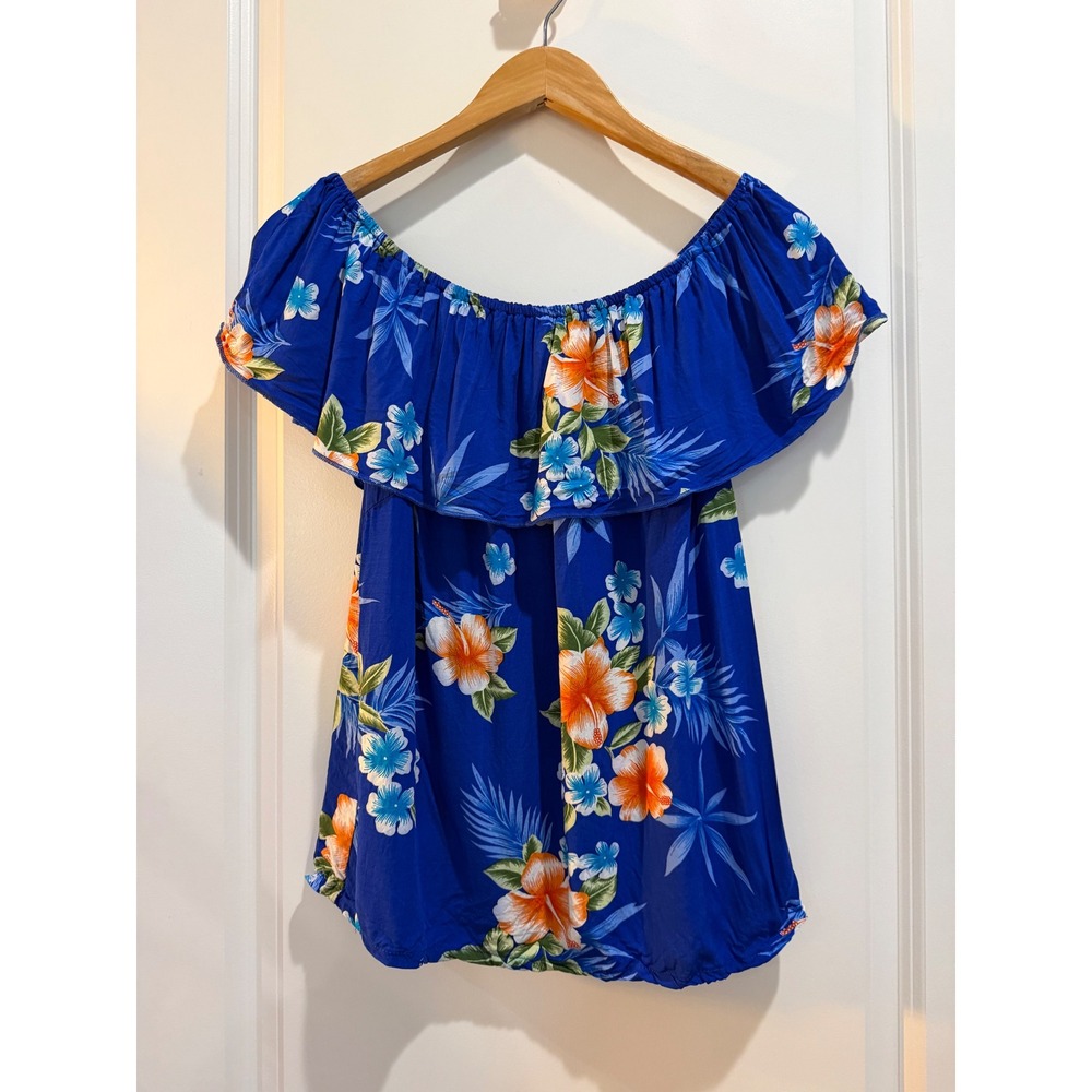 Hawaii Hangover Blue Tropical Floral Off Shoulder Ruffle Blouse Small